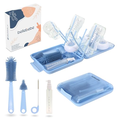 BELLEBEBE Set Escurre Biberones con Limpia Biberones - 6 en 1 Kit Cepillo Limpia Biberones con Escurre Biberones Plegable - Portatil - Transportable - Regalo para Bebe - SIN BPA - Azul