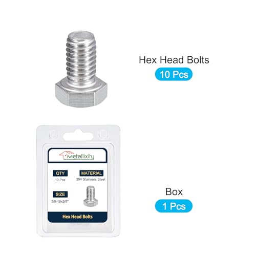 Image of METALLIXITY Hex Head Bolts (3 /8-16 x 5 /8 inch) 10Pcs, 304 Stainless Steel 18-8, Fully Threaded, External Hex Drive, Plain Finish, Hex Head Screw Bolt, Silver