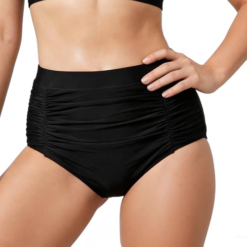 StreamSafe Schwarze Bikinihose mit hoher Taille für Damen Bauchkontrolle Bademode schwarze Bikinihose zum Schwimmen Schwarz L
