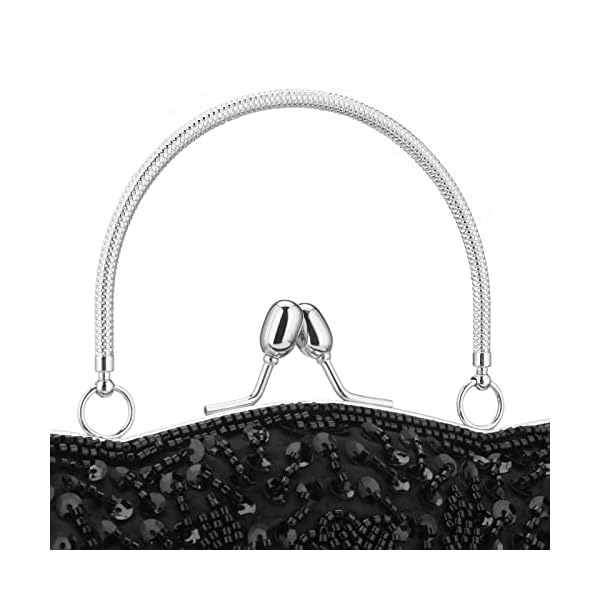 Vistatroy Floral Designer Evening Bag Beaded Sequin Design Vintage Kissing Lock Satin Clutch Purse Bag Wedding Party Clutch, Black, One Size - Image 7