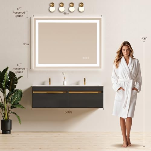 Image of 48x36 LED Bathroom Mirror with Anti-Fog, Backlit & Front Lit, Memory | Stepless Dimmable 3 Color CRI 95+ Shatterproof Tempered Glass ETL Listed for Safety Lighted Bathroom Vanity Mirror for Wall