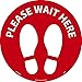 NMC WFS83RD Please Wait Here Footprint, Red On White, Walk On Floor Sign, 8 In Diameter,Pressure Sensitive Vinyl Non-Slip, Social Distancing