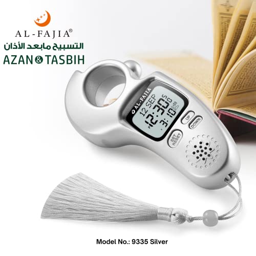 AL-FAJIA Islamic Prayer Time and Athan Sound Reminder Digital Tasbih Counter, Full Azan Clock for USA and Worldwide, Portable (Silver)