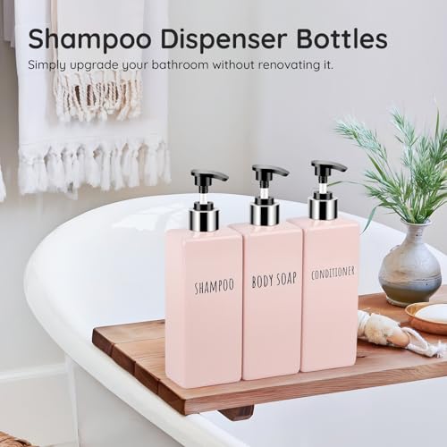 Image of Segbeauty 16.9oz Shower Bottles Refillable, 3 Pack of Shampoo and Conditioner Bottles for Bathroom, 500ml Plastic Square Soap Dispenser Set Lotion Dispenser Empty Press Pump Bottle Pink