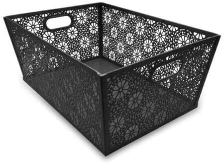 ARA CHOICE Modern Rectangle Metal Floral Mesh Storage Basket Tray Bin Laundry Grip Handles for Store Office Paper Sheet, Bathroom Accessories Easy to Use with Attractive Colorful Looks (BLACK)