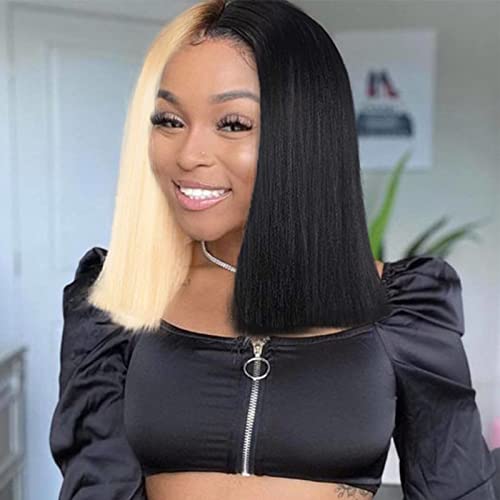 Half Black Half Blonde Bob Wigs for Women Short Straight Bob Wigs with Bangs Shoulder Length Natural Looking Synthethic Wigs for Cosplay Party Costume Dalily Use Wigs(14inch)