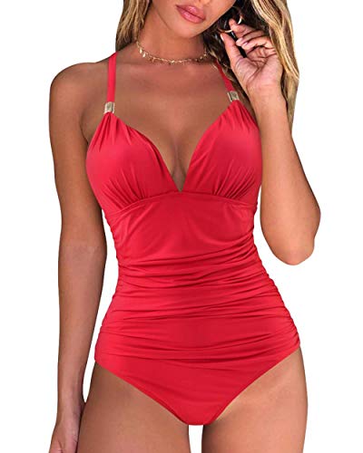 RXRXCOCO Badeanzug Damen Raffungen Bauchweg V Ausschnitt Push Up Shape Bademode Neckholder Einteilige Rückenfrei Badeanz...