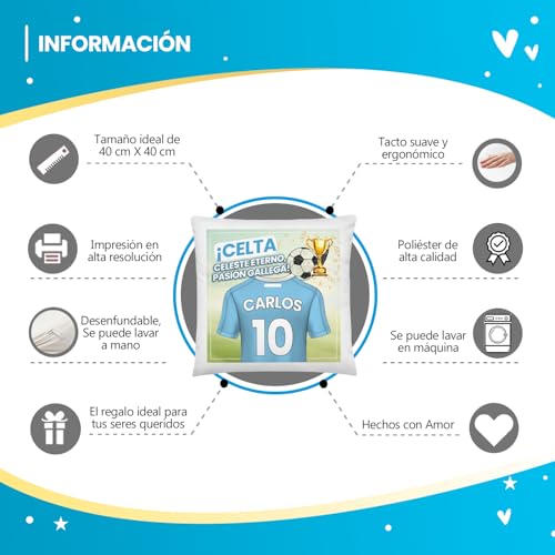 Kembilove® Cojín de Fútbol Personalizado Celta con Nombre y Número | Almohada Decorativa Celeste | Regalo Original para Aficionados y Niños Futboleros