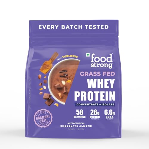 Image of Foodstrong Whey Protein Powder (Concentrate + Isolate), 100% Hormone Free Grass-Fed Whey, 26G Protein & 6.6G BCAA, Chocolate Almond, With Turmeric & Digestive Enzymes, 2KG