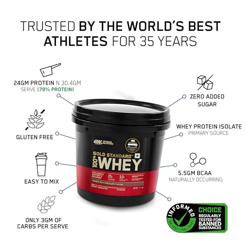 Image of Optimum Nutrition (ON) Gold Standard 100% Whey Protein Powder 4 Kg (Double Rich Chocolate), for Muscle Support & Recovery, Vegetarian - Primary Source Whey Isolate