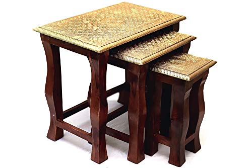 Rosmonte - Handmade Indian Wooden Nesting Tables with Elegant Brass Table Tops - 22 x 14 x 20 inches - 3 Piece Set - Coffee Table, End Table - Made from Eco Friendly & Long Lasting Mango Wood