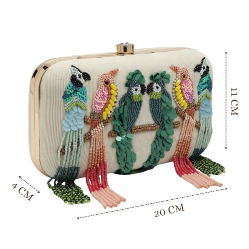Image of Anekaant Adorn Off White & Multi Embellished Corduroy Clutch | Perfect for Bridal, Festive | Party Purse for Women & Girls