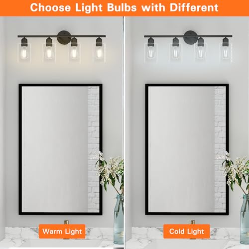 Image of 4 Light Bathroom Vanity Light Fixtures Black,Rustic Farmhouse Vanity Lighting Over Mirror Modern Industrial Lamp with Cylinder Glass Shade UL Certified