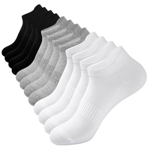 floconssy Ankle Socks for Women, Cotton Running Athletic Socks with Heel Tab Low Cut Sports Short Socks 6 Pairs White Black Grey Size 6-9