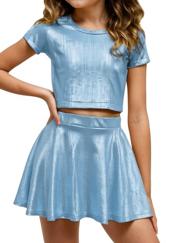 Image of Happy Cherry Kid Girl Shiny Skirt and Top Set 2 Piece Texture Ribbed Metallic Disco Rave Cheer Outfit 4-12T