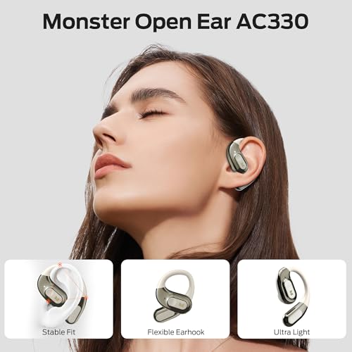 Image of Monster Open Ear Headphones AC330, Wireless Earbuds Bluetooth 5.4 with Clear Talk, Stylish Rotating Case with Lanyard, Type-C Charging, Comfort Fit, 24H Playback, IPX5 Water Resistant, White