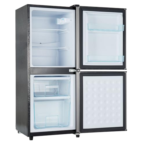 Frigorífico y congelador de 106 L, frigorífico de 60 L, congelador de 46 L, control de temperatura, iluminación LED, diseño reversible, ideal para cocinas modernas.