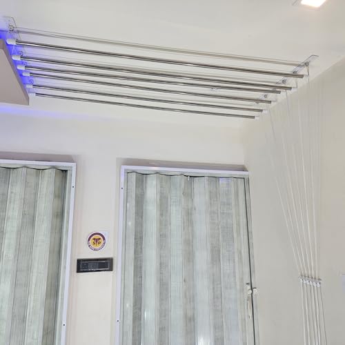 Image of VBLUE Heavy-Duty Stainless Steel Ceiling Cloth Dryer (6 Pipes x 6 Feet) with UV-Protected Nylon Ropes - Balcony Clothes Drying Stand with Pulley Mechanism (with NICROFIBER MOP COMPLIMENTARY)