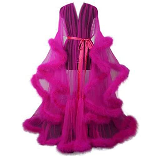 FASZFSAF Pijama Sexy para Mujer, Bata Plumas Sexy Transparente Mangas Acampanadas Pijama de Tul Manga Larga Erotica Sexy Robe Falda de Cola Larga,Rose Red,S Cover
