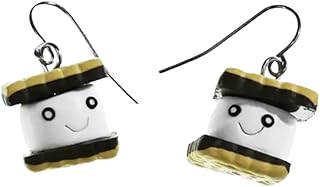 Cute S'mores Dangle Earrings, Smiling Marshmallow Design, Silver Hooks