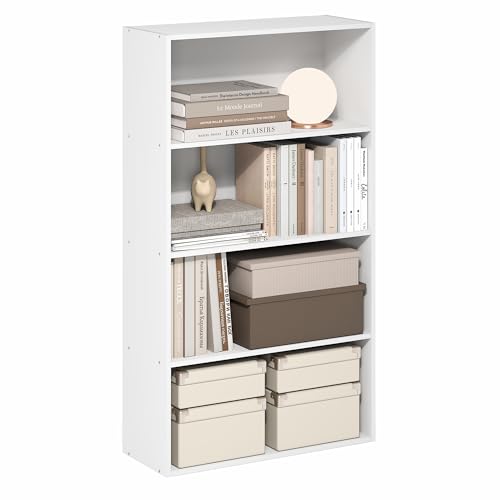 Image of Furinno Jaya Book Shelf, 4-Tier Book Shelf, Bookcase with Open Shelving, Standing Bookshelf, 9.5 x 23.6 x 41.9, for Organization and Storage, for Home Office, Living Room, White