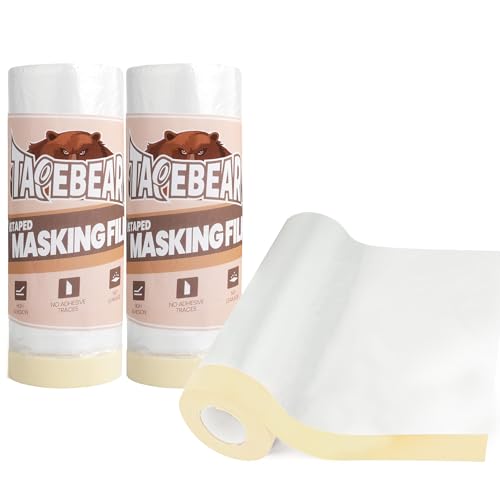 Image of TAPEBEAR Pre-Taped Masking Film 5feet x 90feet Plastic Cover for Painting | Tape and Drape Plastic Sheeting, Painters Masking Tape Film for Automotive Floor Appliance Furniture, 3Rolls