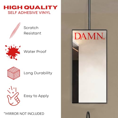 Image of Sticker for Glass & Mirrors| Minimal Vinyl Decal for Bedroom Bathroom & Cafe | Self-Adhesive Waterproof Quote Aesthetic Mirror Sticker | No Mirror Included (Damn., Small, Transparent Red)
