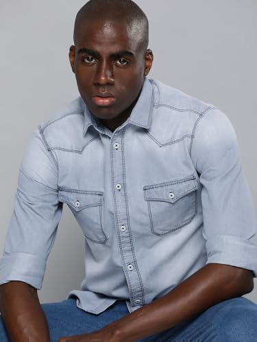Image of The Indian Garage Co Men Slim Fit Solid Full Sleeves Cutaway Collar Double Flap Pocket Casual Denim Shirt