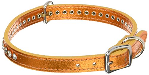 Image of Signature Leather Crystal Dog Collar, Metallic Apricot Solid Grain Leather, Fits 11.5 inch-13.5 inch Neck Size, 16 inch Overall Length