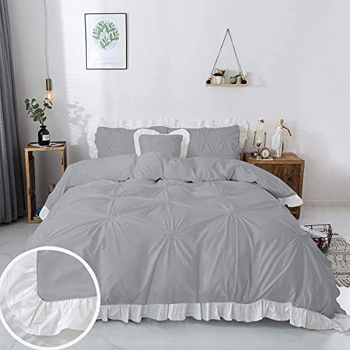 Image of 300 TC Pinch Ruffle 2 Tone Duvet /Razai /Blanket Cover with 2 Pillow Cover- 100% Cotton (Zipper Closure) Razai Cover 3 PC Set, Soft & Lightweight-Double Size White /Light Grey
