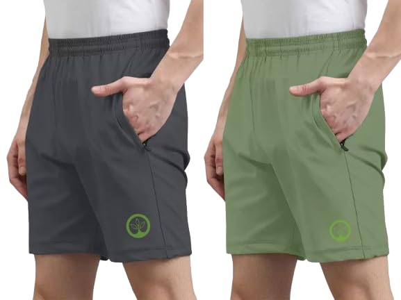 Shine N Show Men's Cotton Blend Stylish, Solid Regular Fit Shorts (Dark Grey/Pista)(Pack of 2)-image-14