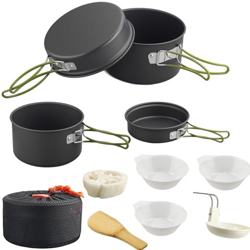 HOMGEN Portable Camping Cookware Set-Ultralight Aluminum Camp Pots and Pans Set for 2-3 People-Comes with 2 Size Non Stick Pot&Pan for Camp Stove-3 Bows-Carrying Bag etc for Camping Trip