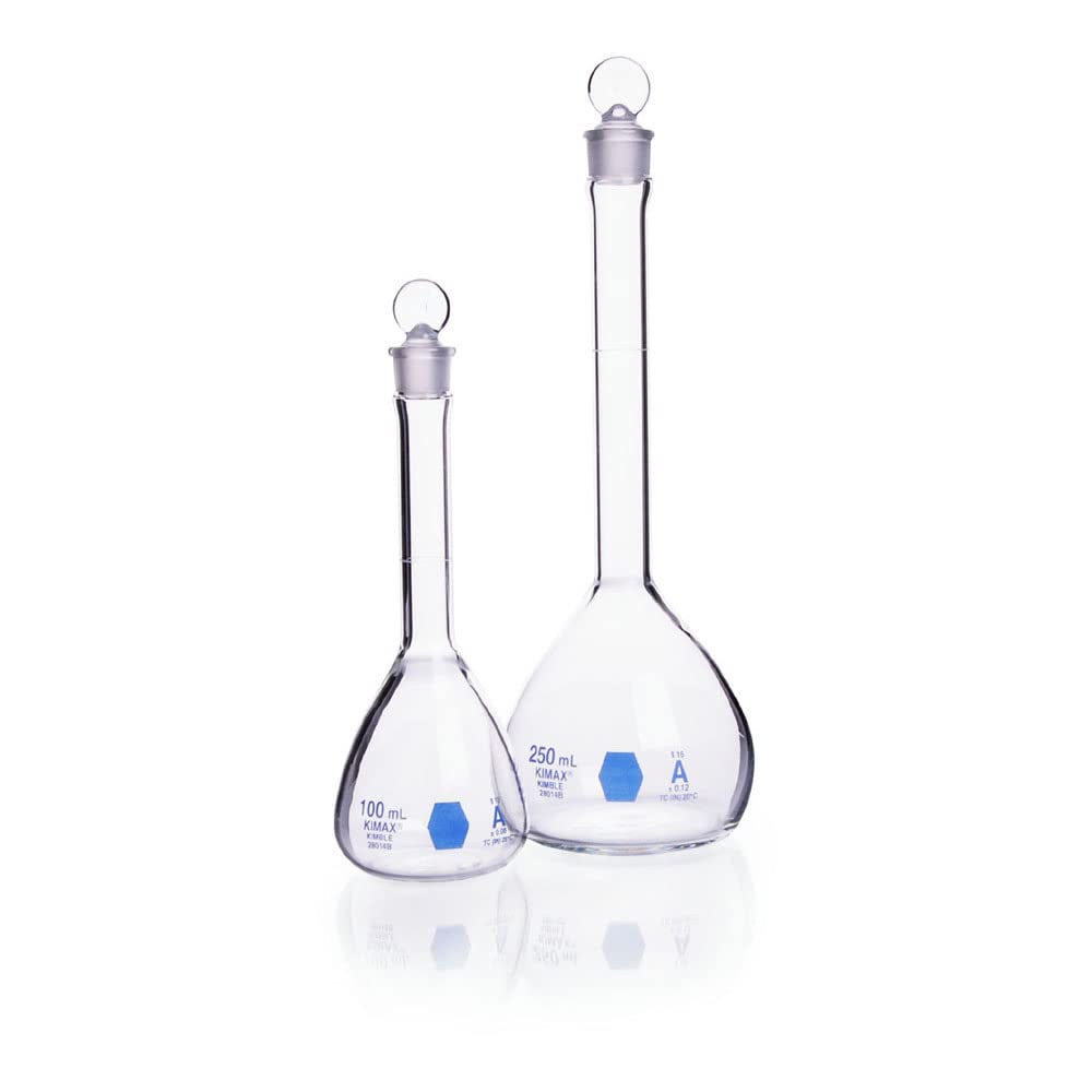 Kimax 28014B-25 Borosilicate Glass 25mL, +/- 0.03mL Tolerance, Narrow Top with Rounded Bottom Class A Volumetric Flask, with Blue Marking Area (Case of 6)