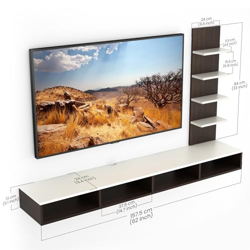 Image of BLUEWUD Primax Large Engineering Wood Wall Mount TV Entertainment Unit Set Top Box Stand /TV Panel Cabinet with Shelves for Books & Decor Display Unit, Ideal for 50 inch (Wenge & White)