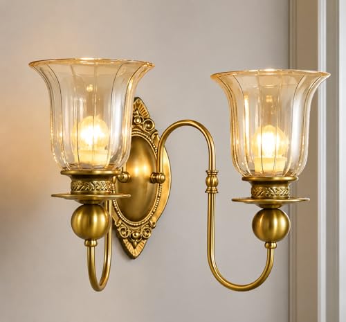 Image of Italian Wall Light, Double Golden Glass Shade, European Antique Brass Finish Lamp for Bedroom, Living Room, Drawing Room, Lobby, Hall, Room Decortion, Cafe, Hotel with Filament Bulb, Gold