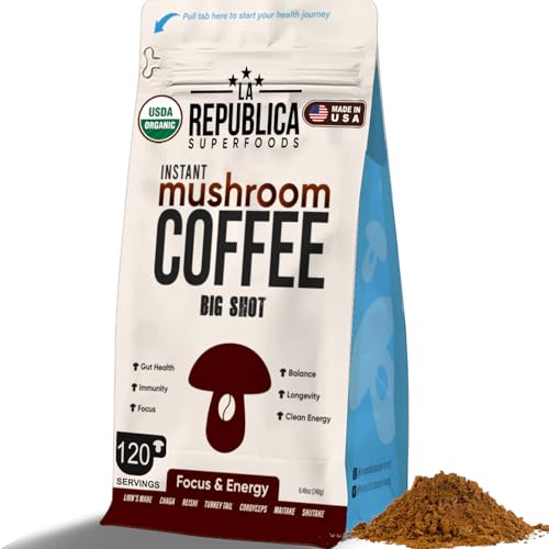 La Republica Big Shot Instant Mushroom Coffee Organic (120 Servings) with Lion's Mane, Reishi, Chaga, Cordyceps, Maitake, Turkey Tail