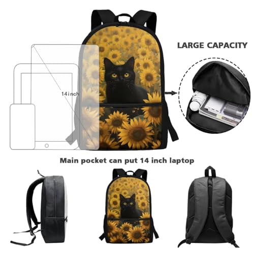 Xoenoiee Black Cat Sunflower Pattern 3Pcs Bookbag+Lunch Box+Pencil Bag for Students 17in Large School Bag Backpack Set for Boys Girls Back To School3