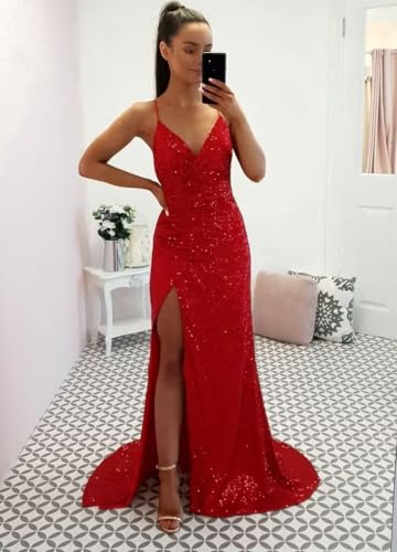 BOLENSYE Sequin Prom Dresses Mermaid Formal Gown Spaghetti Strap V Neck Sparkly Evening Party Dress with Slit2