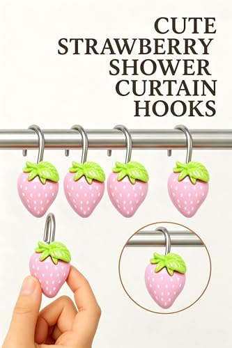 Image of 12-Pack Resin Pink Strawberry Shower Curtain Hooks - Cute Fruit-Themed Shower Curtain Rings for Bathroom and Home Decor