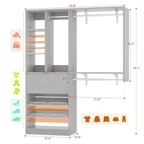 Closet System - 5FT Small Closet System with Drawers, 60" Closet Organizer System with Reversible Hanging Shelving, Closet Systems for Small/Walk-in Closets, Morandi Grey