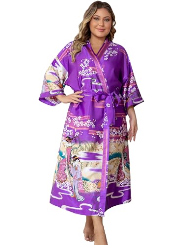 Image of Women's Floral Long Satin Robes Plus Size Long Silk Robes Peacock Floral Kimonos Sleepwear Dressing Gown