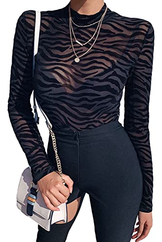 NBBNYJ Damen-Body mit langen Ärmeln mit Stehkragen, transparente Spitze, elegant, Zebra-Print Sexy Dessous Bodysuit, Schwarz-11, S Cover