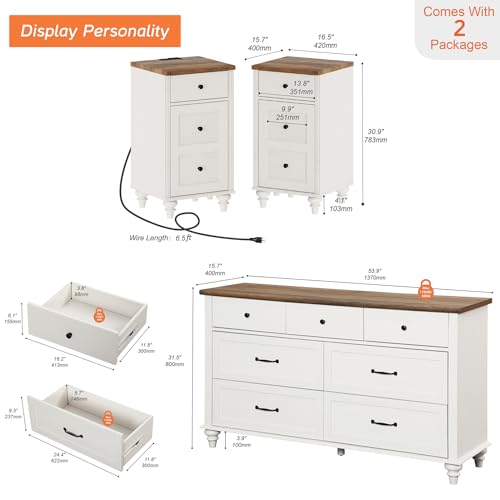 WAMPAT 3 Piece Bedroom Set - Includes One 7 Drawer Dresser, Set of 2 Tall Bedside Tables with Charging Station & Cabinet, 3 Piece Dresser and Nightstand Sets, Off White - Image 4