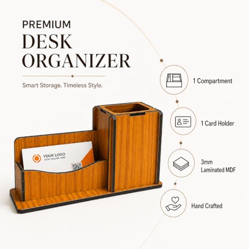 Image of Zesta Wooden Desk Organizer Pen Stand Remote Holder Card Slot | Table Accessory Office Desk Study Room | Pencil Storage Stand Stylish Workspace Decor (Nainteek, Card Holder + Pen Holder)