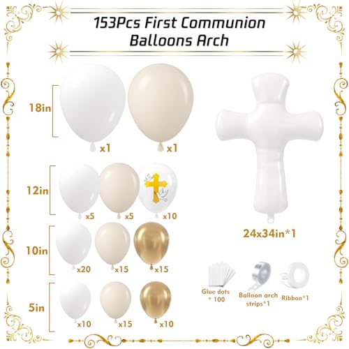 Image of First Communion Balloon Garland Kit 153Pcs, Baptism Balloon, White Sand Gold Nude Bautizo Balloons Arch Kit for First Holy Communion Baptism God Bless Christening Party Birthday Supplies