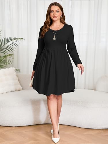 Image of AusLook Women's Plus Size Long Sleeve Midi Dress Casual Empire Waist Loose Flowy Dresses A-Line Boho Long Dress with Pockets