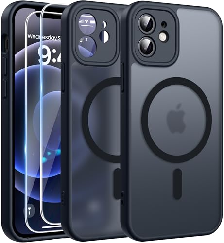 FLLAO for iPhone 12 Case Magnetic Bumper Phone Case with 2 Tempered Glass Screen Protector Full Camera Protection Military-Grade Shockproof Slim Translucent Matte Cover Black