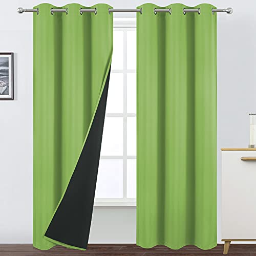 LEMOMO 100% Blackout Curtains 40 x 84 Inch/Light Green Curtains 2 Panels with Black Lining Room Darkening Thermal Insulated Bedroom Curtains