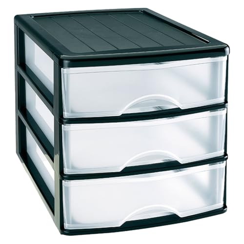Tradineur - Cajonera de sobremesa - Fabricado en España - 3 Cajones Transparentes - Torre de almacenaje, armario, baño, oficina - 26 x 27 x 35,5 cm - Color Negro - Modelo Aleatorio