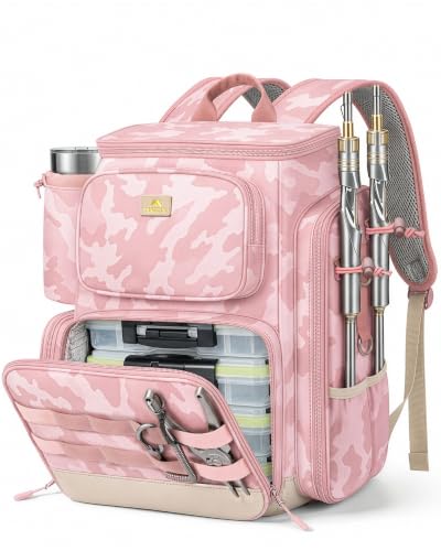 MATEIN Pro Pink Fishing Backpack for Women with 4 Trays & Rod Holders